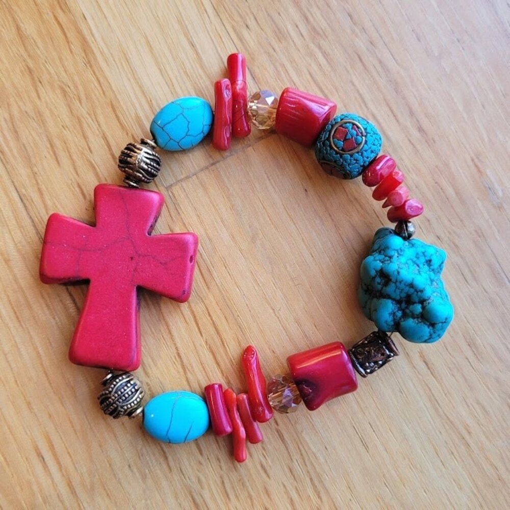 SET of 3 Southwest Turquoise & Red Coral Chip Multi Bead Stretch Bracelets Stack - Picture 3 of 5